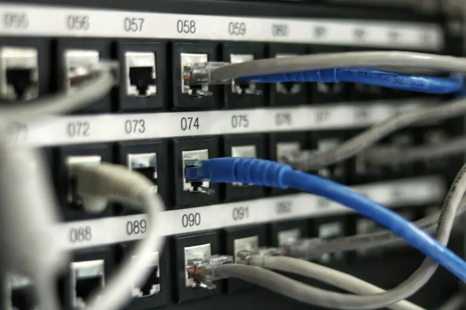 Blue network cables plugged into server hardware.